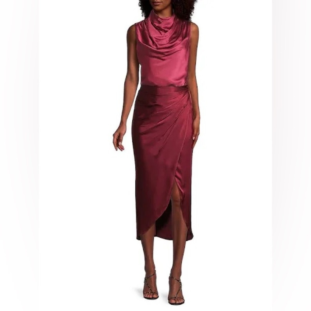 AIIFOS ORLA Skirt Metallic Satin MIDI Skirt In Metallic Red - Picture 3 of 15